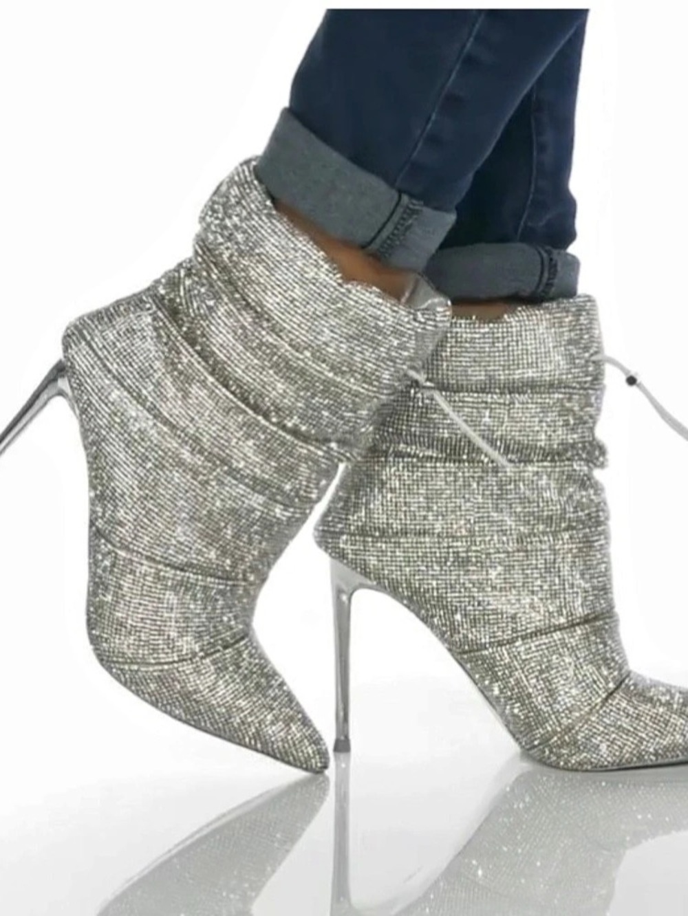 Steve Madden LOAK-R Rhinestone Pointed-Toe Heeled Boots in Silver